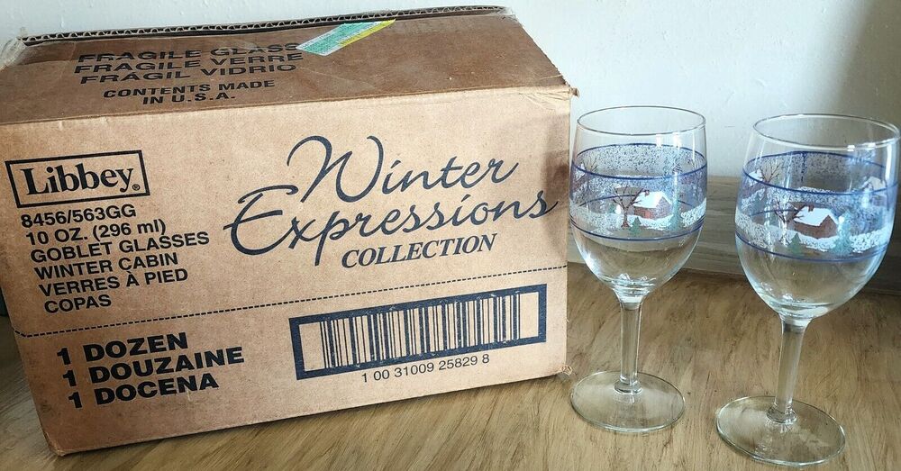 12 VTG Libbey Winter Cabin Goblet Glasses Winter Expressions Collection & Box 7"